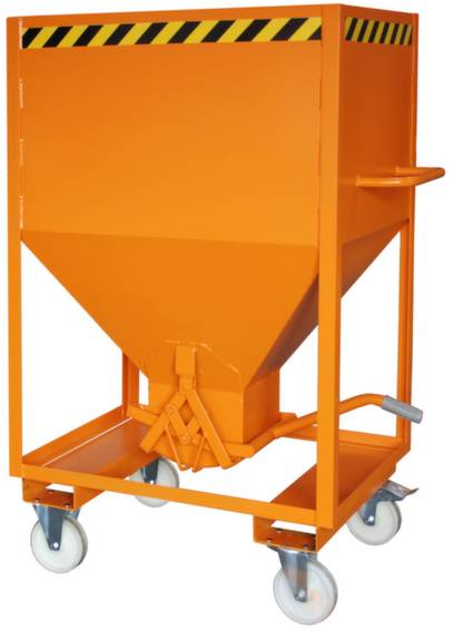 Conteneur métallique orange sur roulettes, avec marquage d'avertissement jaune et noir. Utilisé à des fins industrielles, muni de poignées et avec un déversoir en bas.