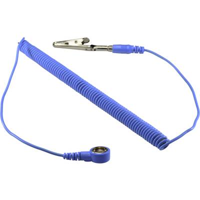 Câble bleu spiralé avec pince crocodile et anneau métallique sur fond blanc.