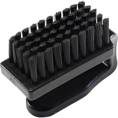 Une brosse de nettoyage noire avec un manche court et des poils denses, adaptée au nettoyage des chaussures ou des surfaces délicates.
