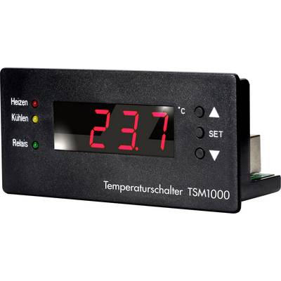 Commutateur de température TSM1000 avec affichage numérique indiquant 23,7 °C. Voyants LED pour chauffage (rouge), refroidissement (jaune) et relais (vert).