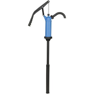 Une pompe manuelle bleue avec une poignée et un bec de décharge noirs, adaptée pour le pompage de liquides à partir de fûts ou de réservoirs.