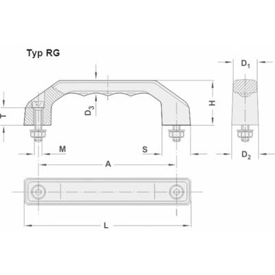 Dessin technique d'une poignée de type RG avec dimensions, vis et instructions de dégagement. Les pièces importantes sont marquées.
