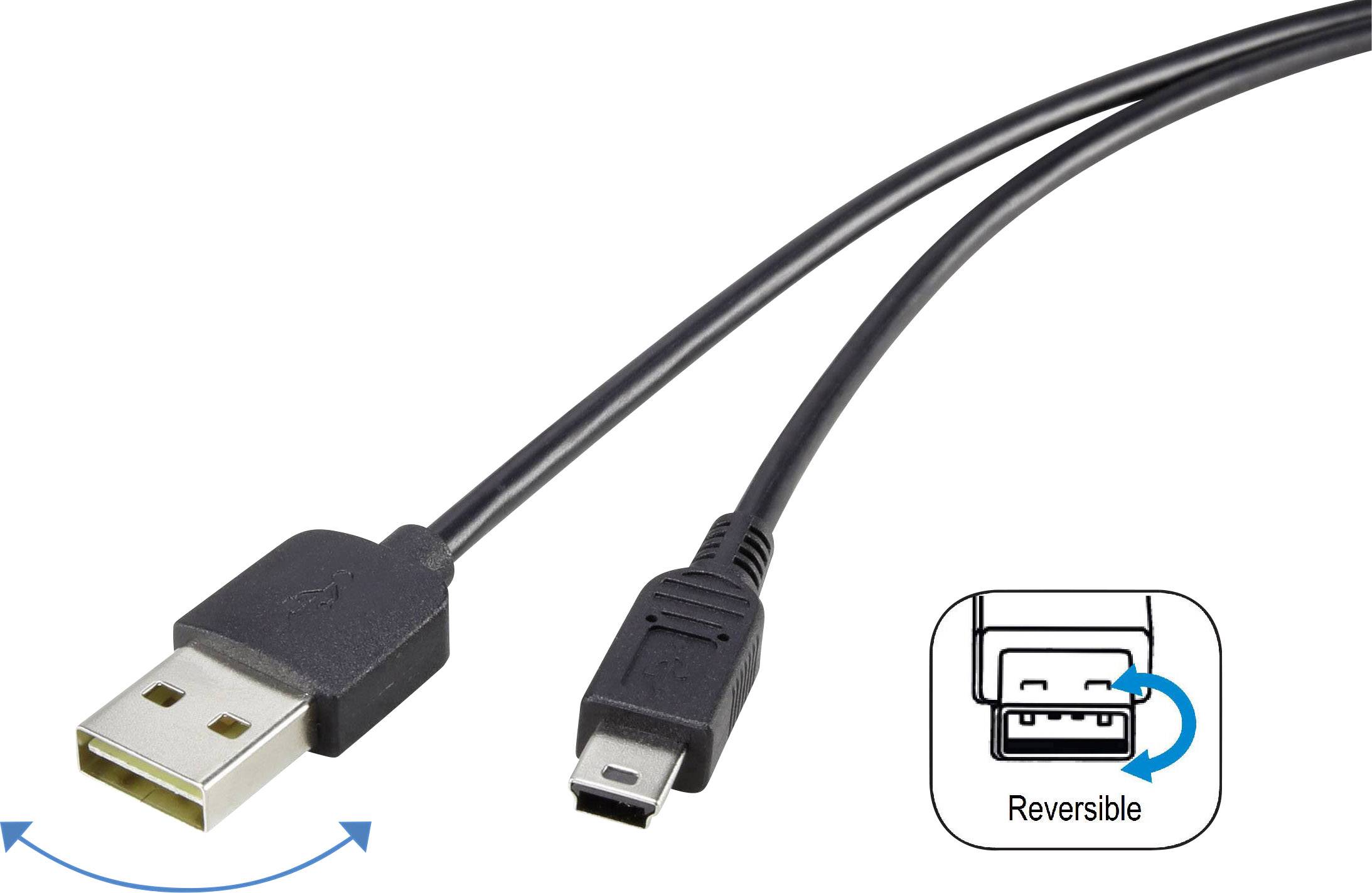 Renkforce Câble USB USB 2.0 USB-A mâle, USB-Mini-B mâle 1.80 m noir connecteur utilisable des deux cotés, contacts dorés