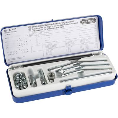 Une boîte bleue ouverte contenant un kit d'accessoires pour la lubrification haute pression. Différentes pièces métalliques et buses sont soigneusement disposées.