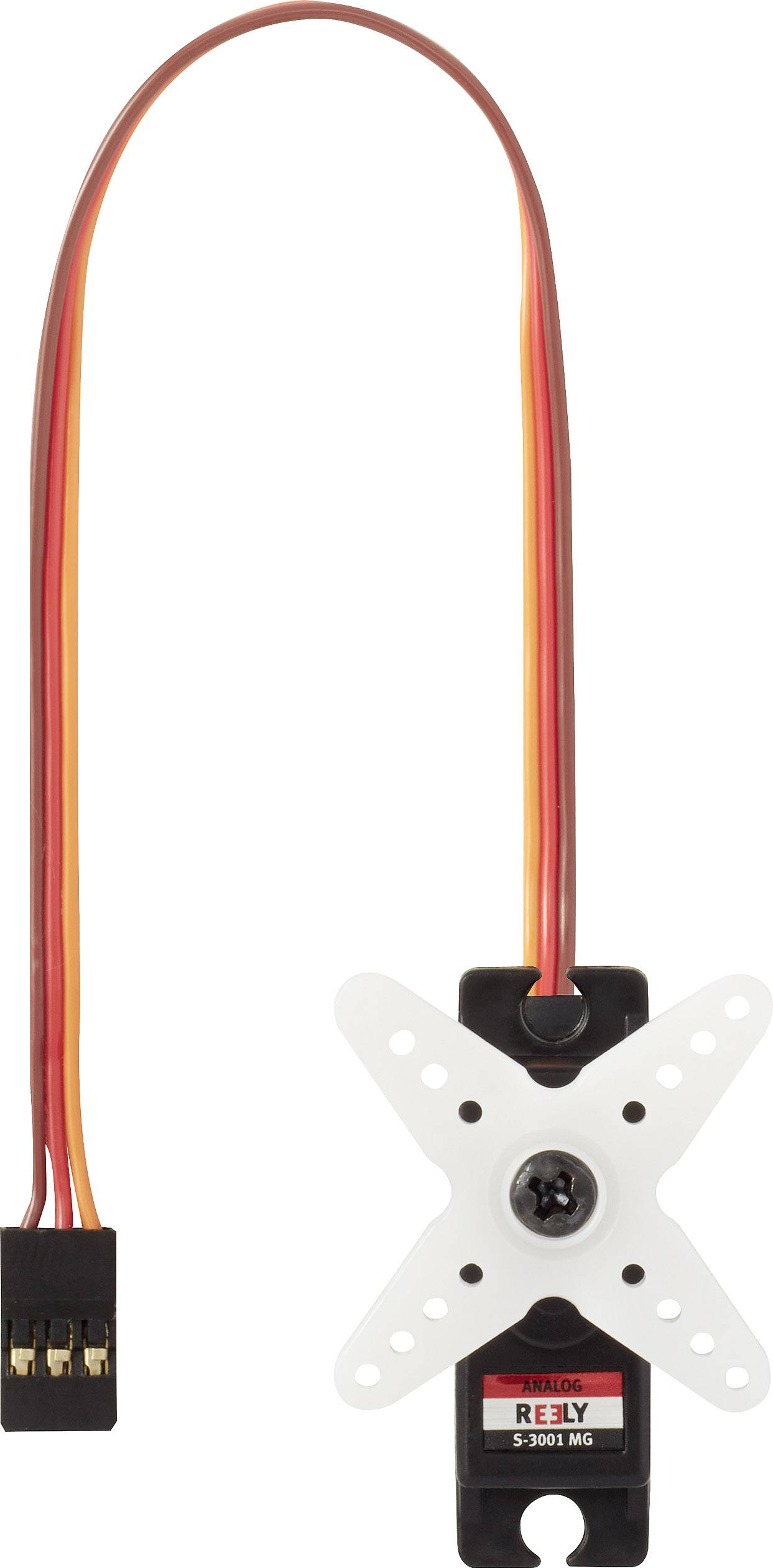 Servo-moteur 'Savöx' avec croix de commande blanche et long câble, numéro de modèle 'RELY S-3003 MG', adapté pour les modèles radiocommandés.