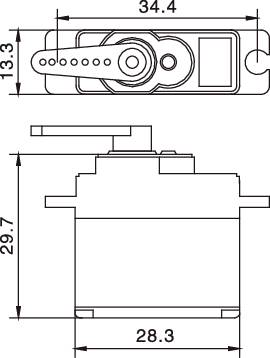 Dessin technique d'un servomoteur avec dimensions : largeur 28,3 mm, hauteur 28,7 mm, longueur 34,4 mm. Vue de dessus en haut, vue latérale en bas.