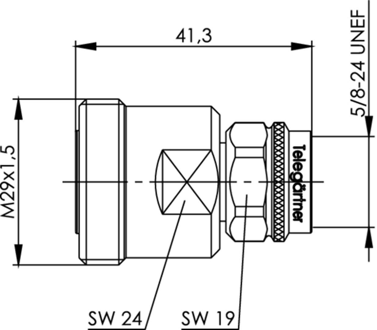 Dessin technique d'un adaptateur cylindrique de 41,3 mm de long, filetage M29x1,5 et 5/8-24 UNEF, clé de 24 et clé de 19.
