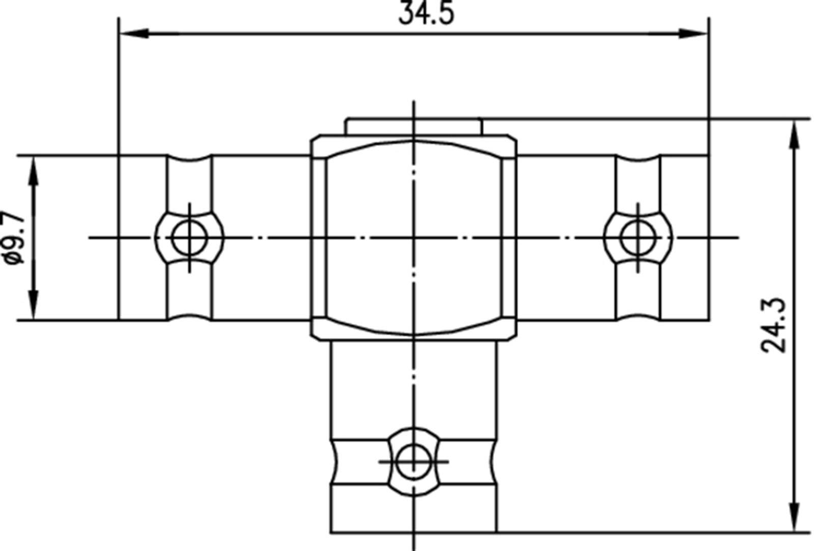 Dessin technique d'un té avec dimensions : longueur totale 34,5 mm, hauteur 24,3 mm, diamètre gauche et droit 9,7 mm.