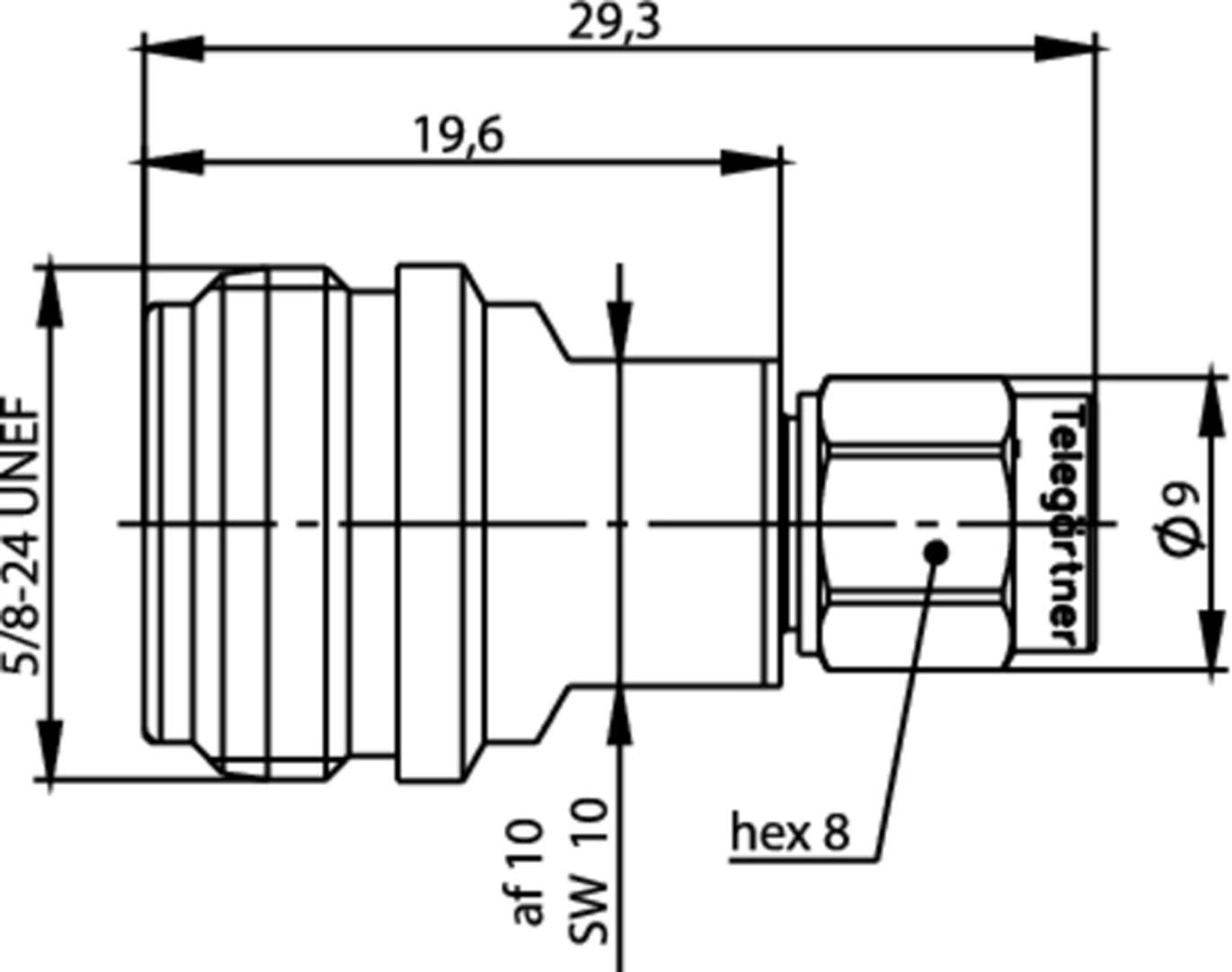 Dessin technique d'un adaptateur de raccordement avec dimensions en millimètres. Caractéristiques principales : longueur 29,3 mm, filetage 5/8-24 UNEF, hex8.