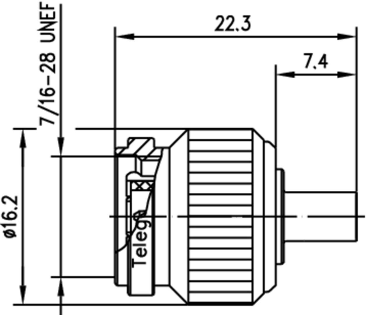 Dessin technique de profil d'un connecteur avec dimensions : longueur totale 22,3 mm, diamètre 16,2 mm, partie mâle 7,4 mm.