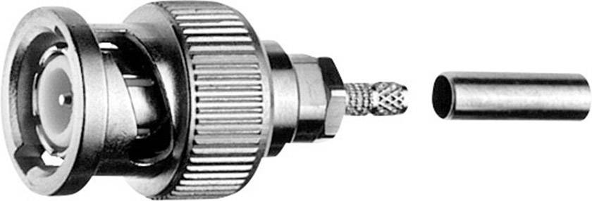Connexion métallique à fiche avec sortie de câble blindée, composée d'une fiche BNC et d'un tube séparé.