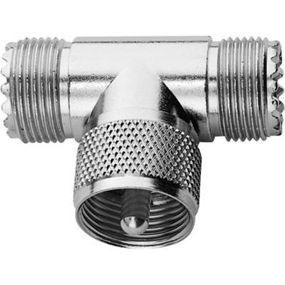Un connecteur métallique en T avec trois raccords filetés de même taille, utilisé pour la connexion de tubes ou de câbles.