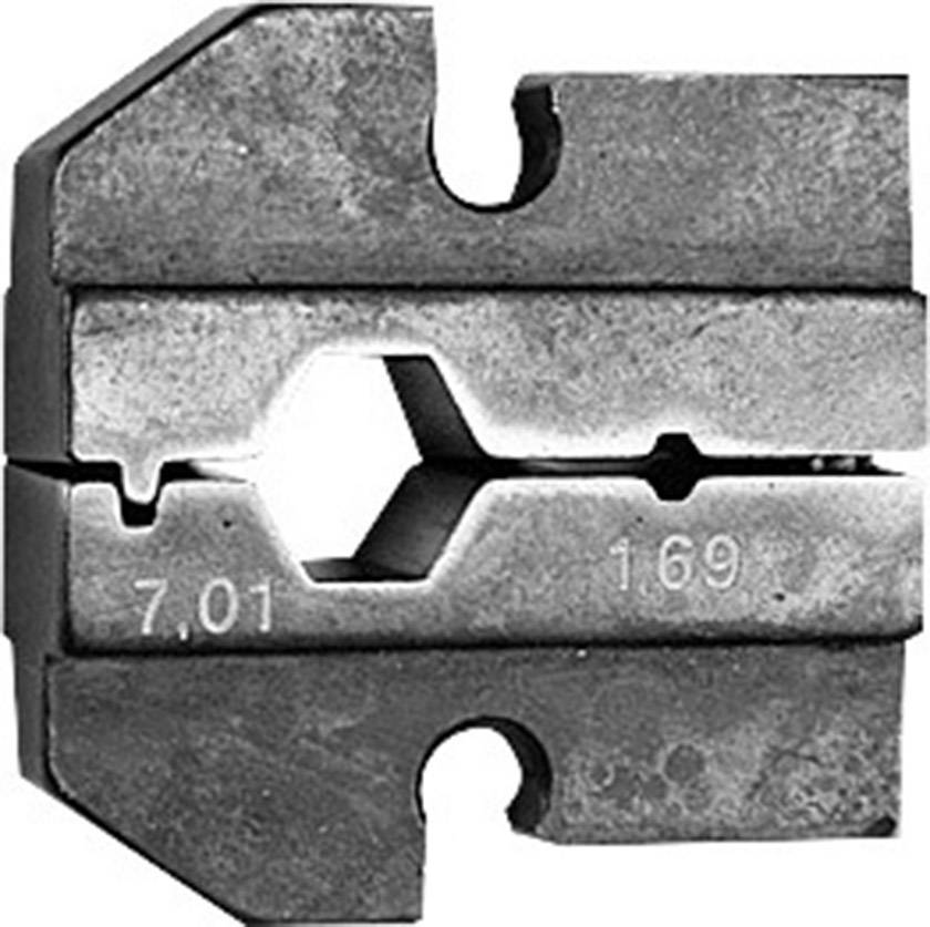 Outil métallique pour presser, avec un motif hexagonal au centre, marqué des chiffres '7,01' et '169'.