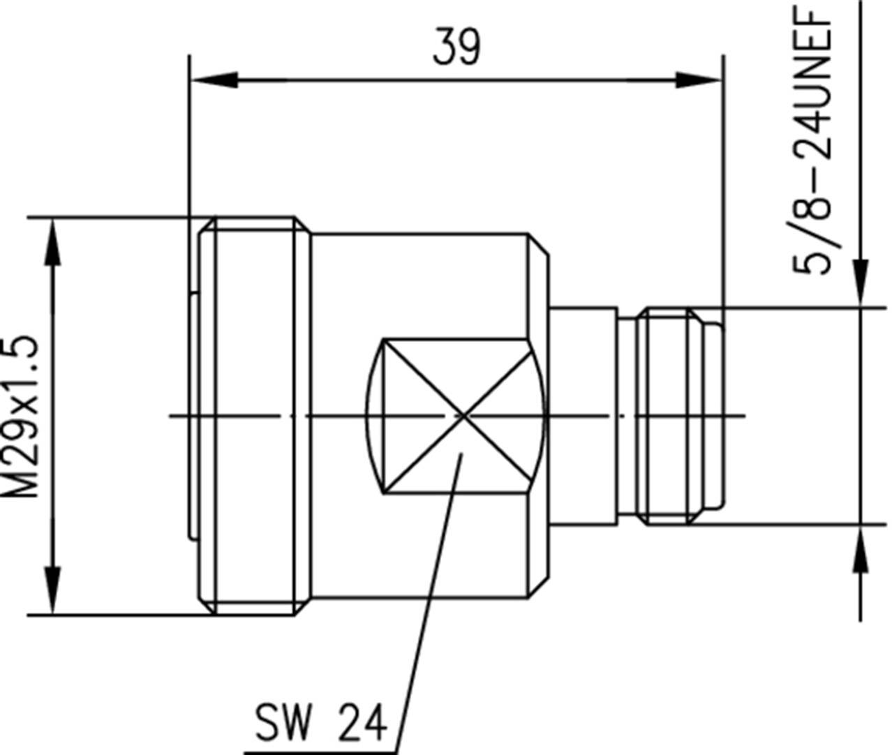 Dessin technique d'un adaptateur de raccordement avec dimensions : Longueur 39 mm, filetage M29x1,5 et 5/8-24UNEF, largeur de clé 24 mm.