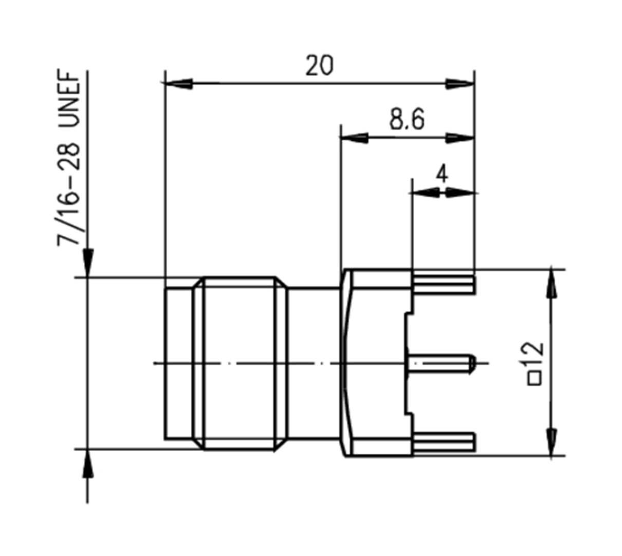 Dessin technique d'une fiche avec dimensions : longueur totale 20, largeur 12, dimensions 8,6 et 4. Filetage 7/16-28 UNEF.