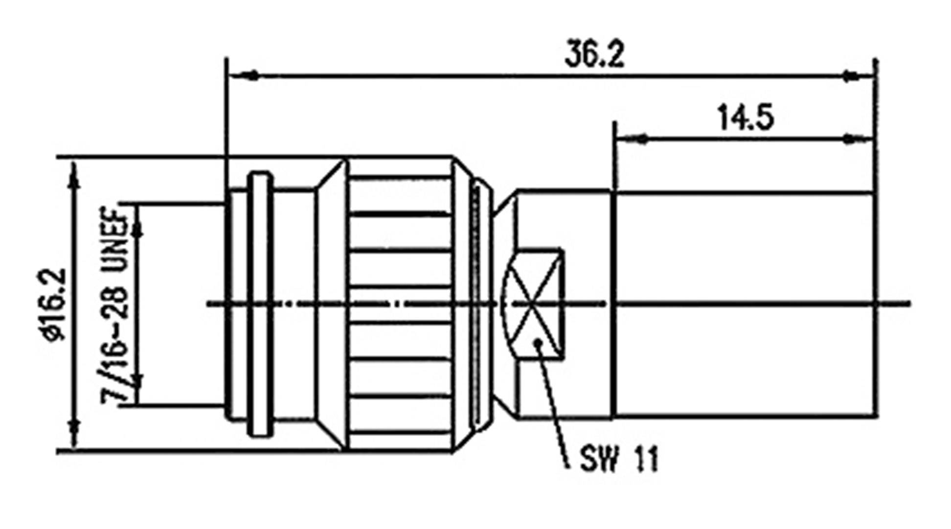 Dessin technique d'un raccord avec dimensions. Longueurs principales 36,2 mm et 14,5 mm, diamètre 16,2 mm, filetage 7/16-28 UNEF.
