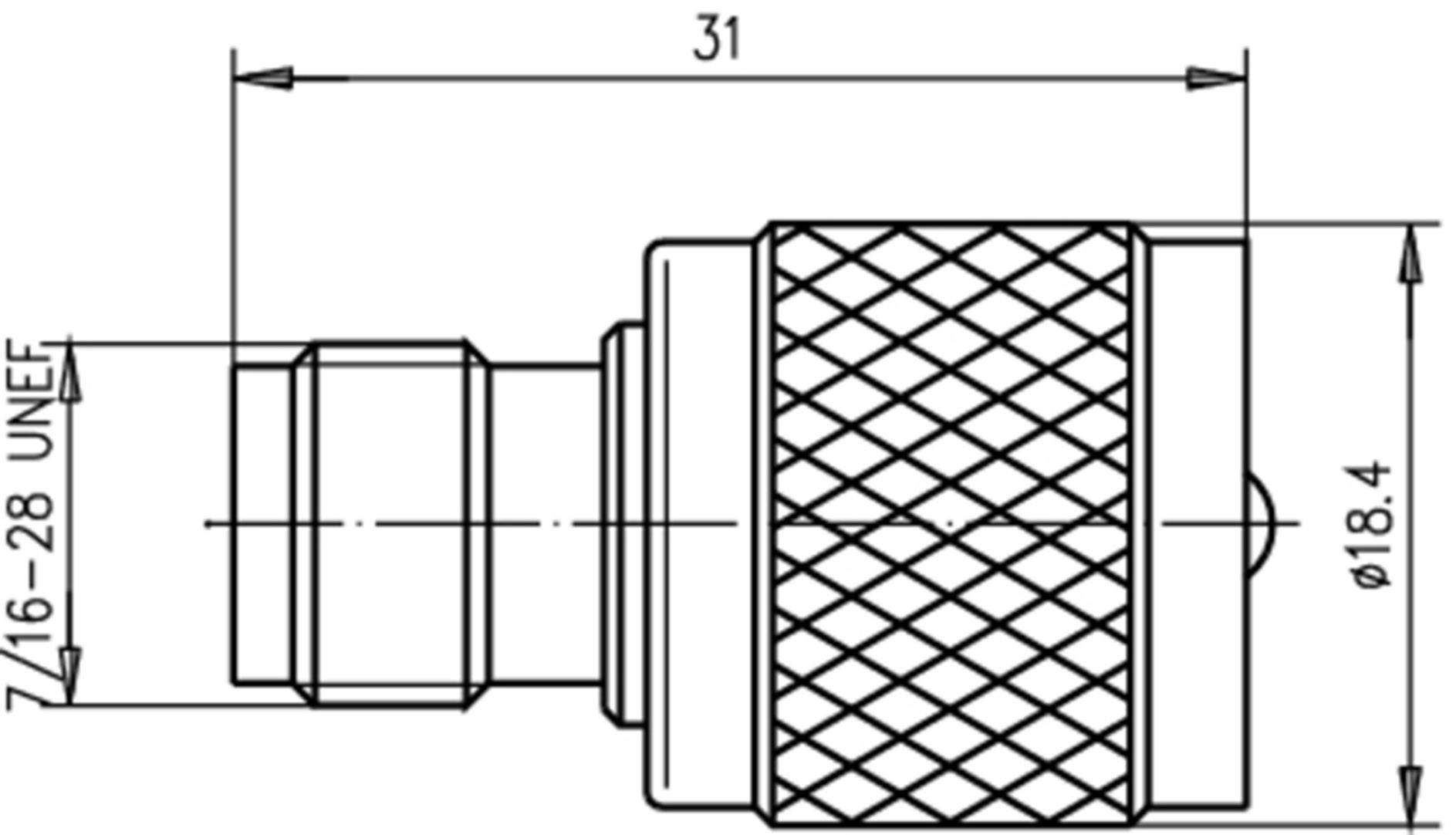 Dessin technique d'un raccord avec les dimensions suivantes : longueur 31 mm, diamètre 18,4 mm, filetage 7/16-28 UNEF.