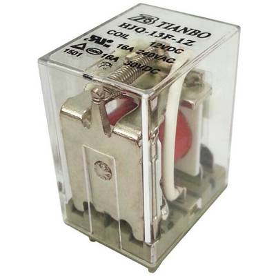 Un relais transparent portant l'inscription 'Tianbo HJQ-13F-1Z 12VDC', adapté pour 16A à 220VAC. La bobine et les contacts sont visibles.