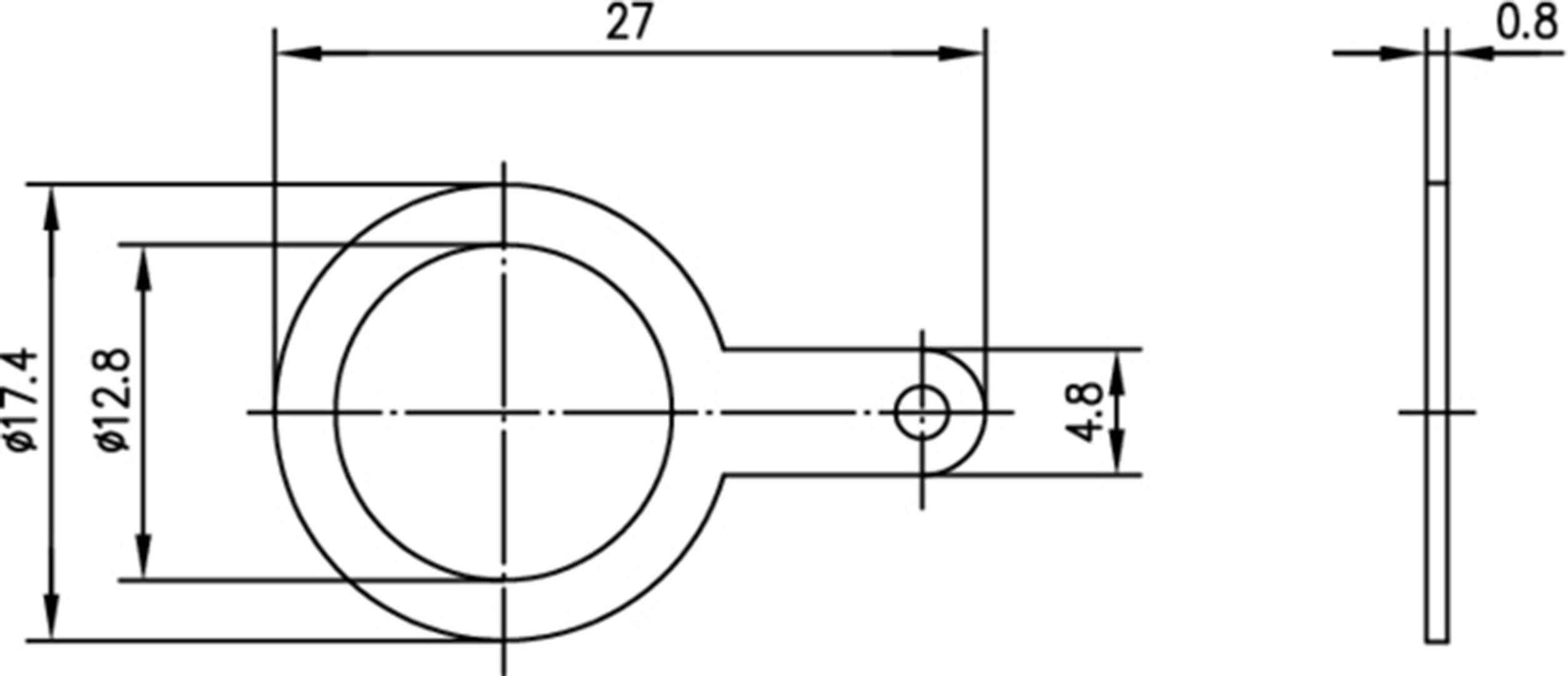 Dessin technique d'une pièce métallique avec des cercles et des lignes. Dimensions : 27 mm de longueur, diamètres de 17,4 mm et 12,8 mm, perçage de 4,8 mm.