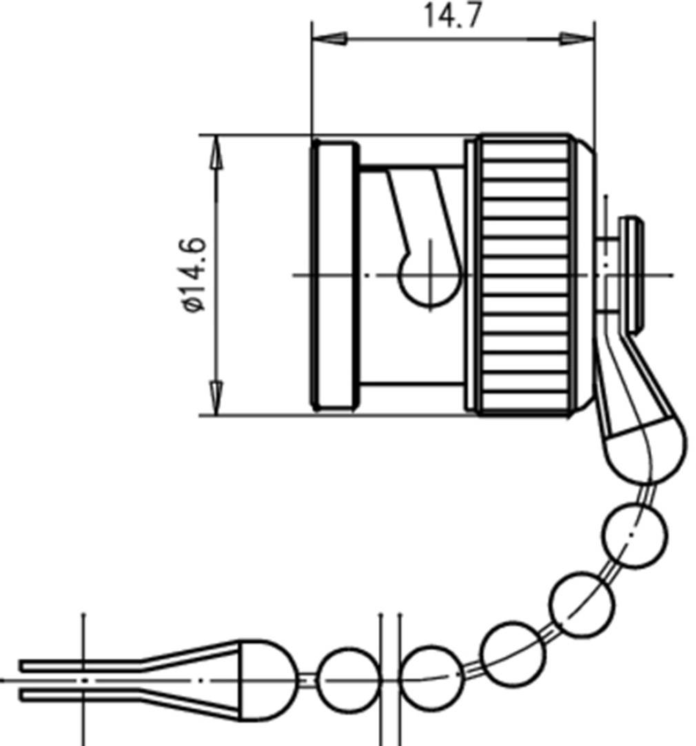 Dessin technique d'un objet cylindrique avec des dimensions de 14,7 mm de longueur et 14,6 mm de diamètre ; pièces individuelles marquées.