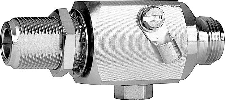 Un joint articulé en argent, métallique, pour raccordements de tuyaux avec des vis aux deux extrémités et un levier de régulation de pression.