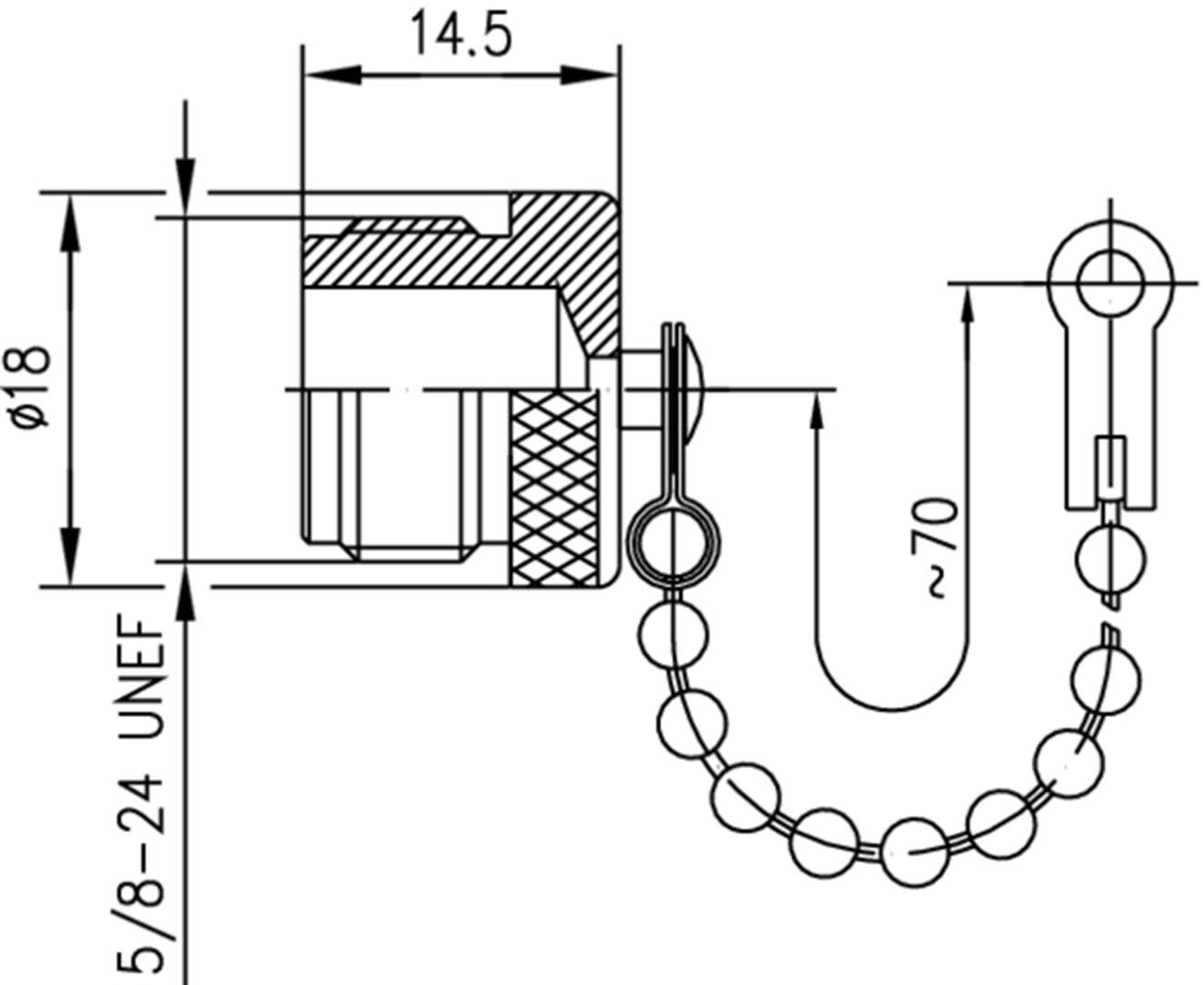 Dessin technique d'un bouchon à vis avec fermeture à chaîne. Dimensions : diamètre 18 mm, longueur 14,5 mm, chaîne d'environ 70 mm.