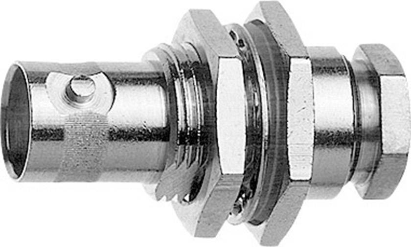 Connecteur métallique avec écrou hexagonal et filetage strié, adapté aux connexions électriques ou électroniques.