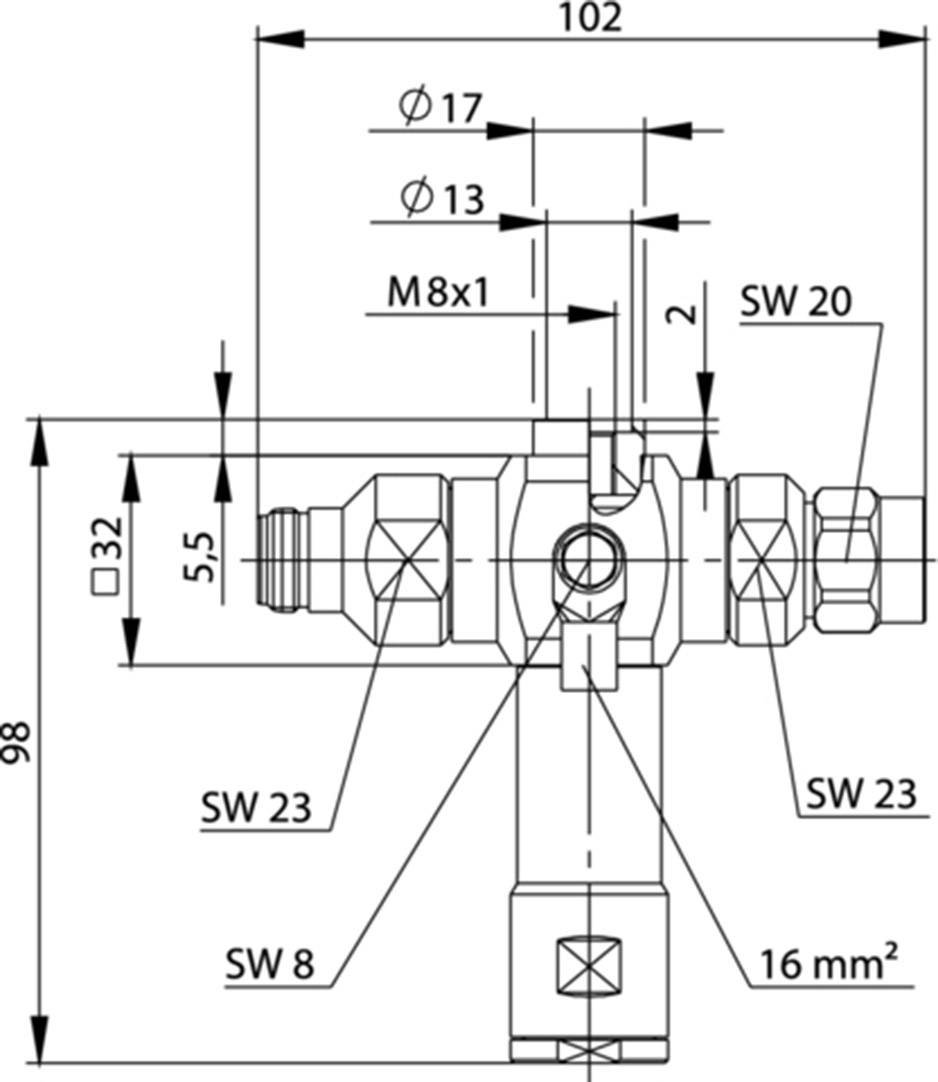 Dessin technique d'un té avec dimensions : longueur totale 102 mm, hauteur 98 mm, indications de diamètres, filetage M8x1.
