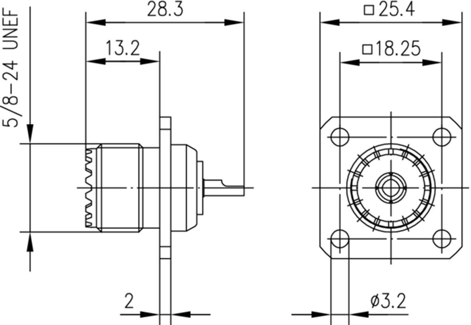 Dessin technique d'un composant avec des dimensions détaillées : largeur de 28,3 mm et 25,4 mm, différents diamètres et indications de longueur.
