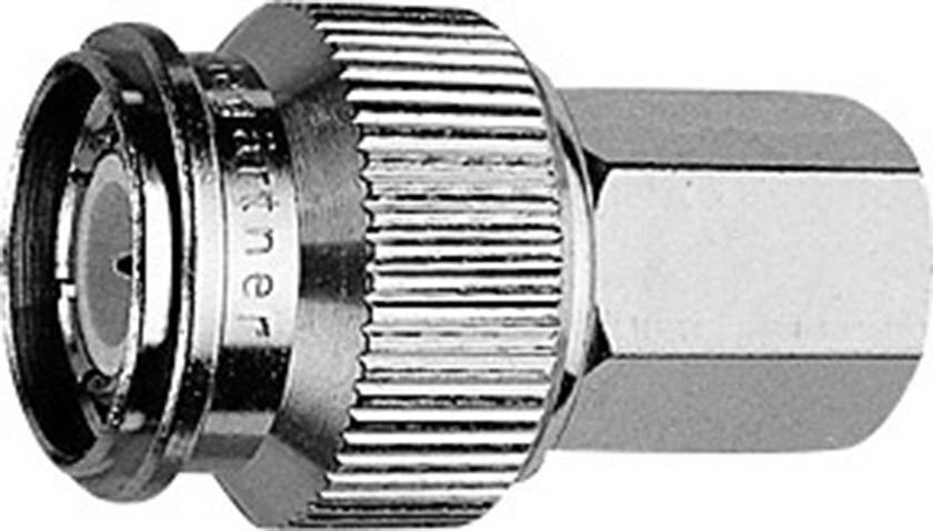 'Connecteur coaxial métallique pour relier des câbles aux appareils ; forme cylindrique avec bord strié, brillant.'