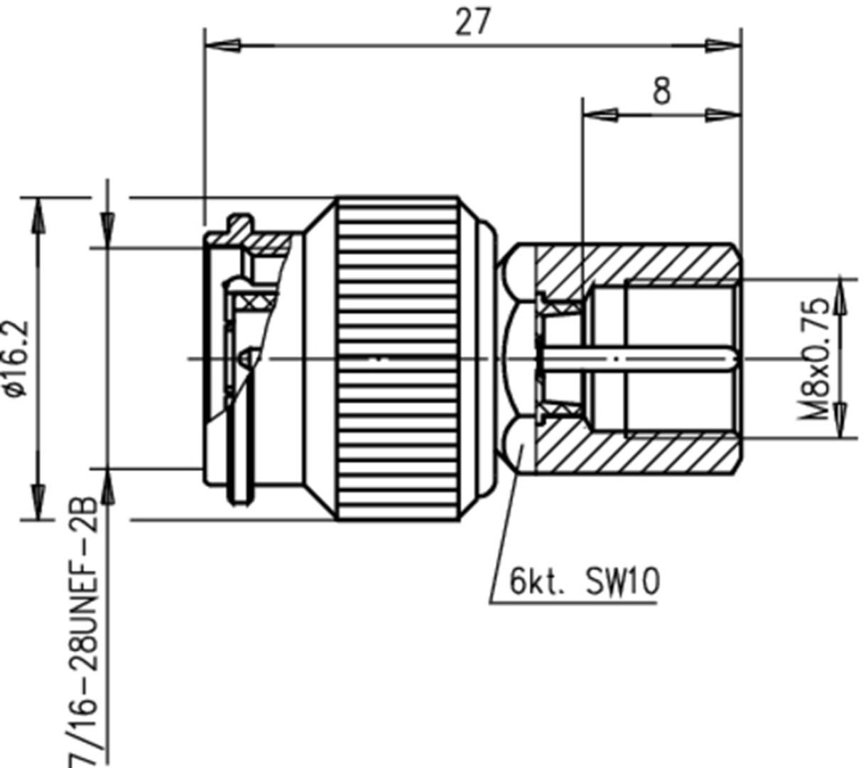 Dessin technique d'un connecteur avec dimensions : longueur 27 mm, diamètre 16,2 mm, et détails tels que '6 pans SW10' et cotes de filetage.