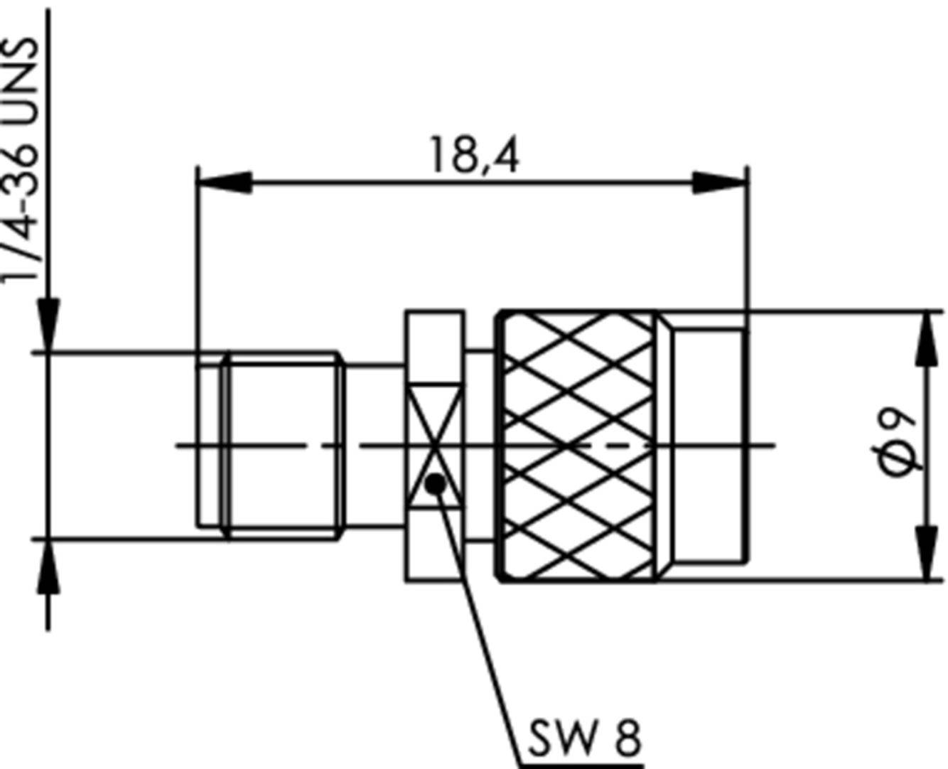 Dessin technique d'un élément de connexion avec dimensions : Longueur 18,4 mm, Diamètre 9 mm, Filetage 1/4-36 UNS, Largeur de clé SW 8.