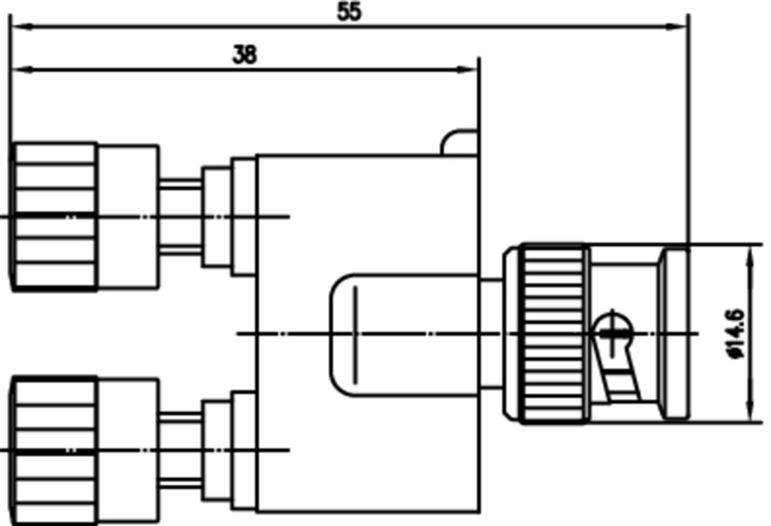 'Dessin technique d'une pièce de connexion avec deux raccordements et dimensions : 55 mm de longueur, 38 mm de largeur, diamètre de 14,6 mm.'