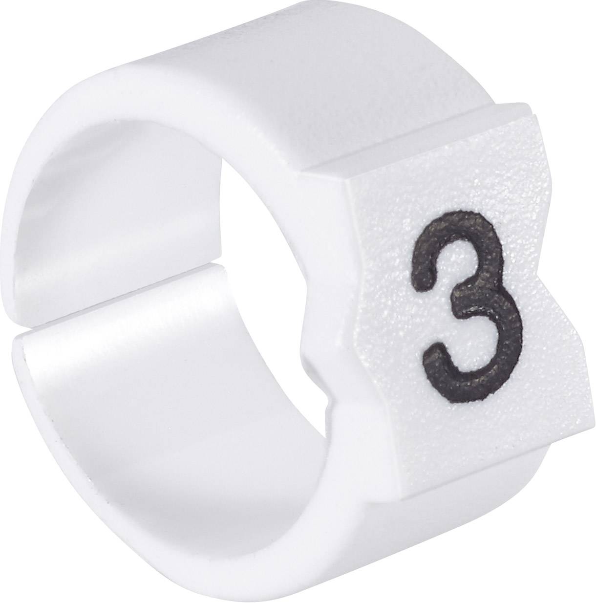 Un anneau en plastique blanc portant le chiffre noir '3', probablement destiné à marquer ou à coder.