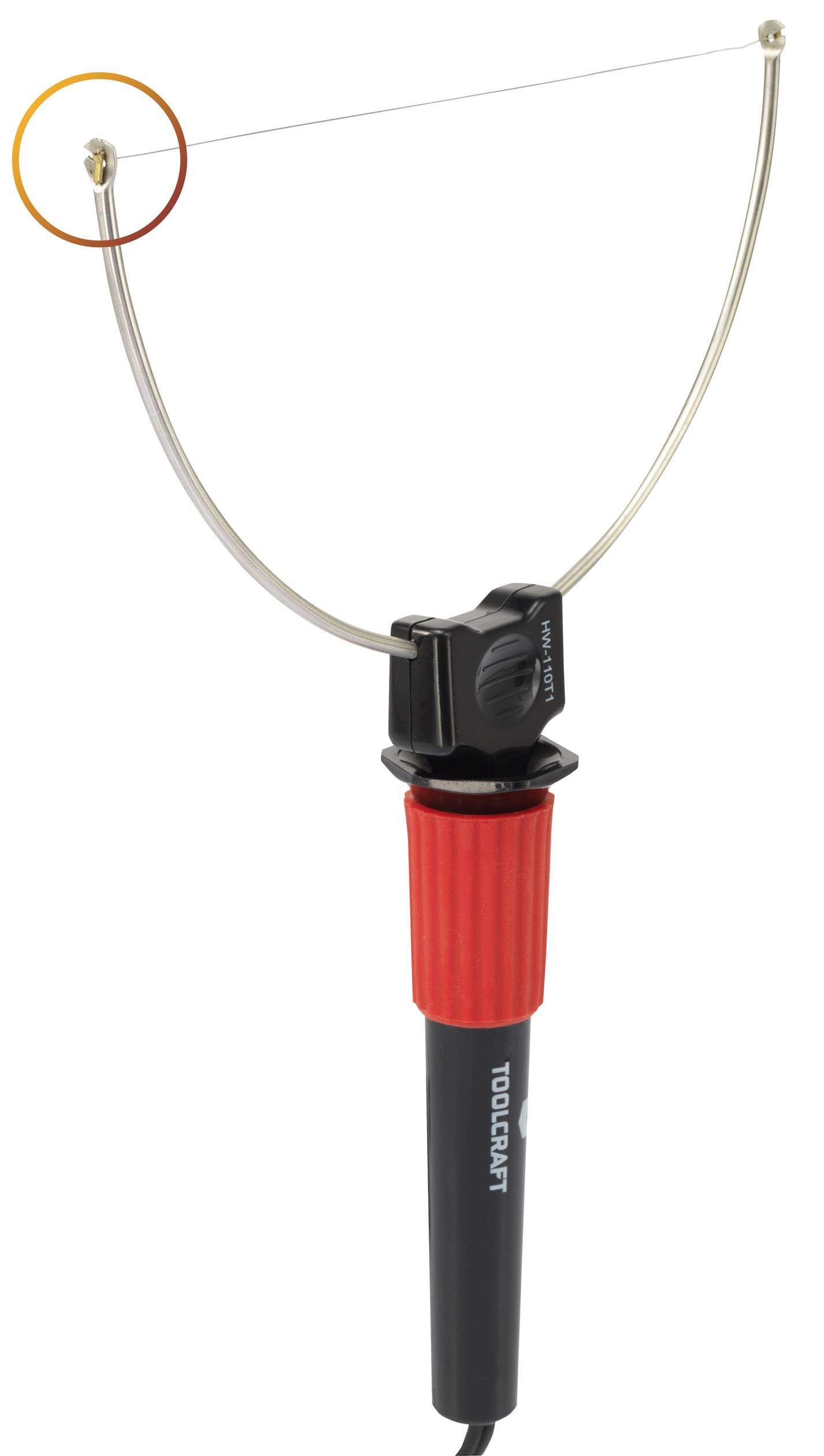 Outil de coupe électrique avec poignée rouge et arceau métallique incurvé pour le traitement précis des matériaux.