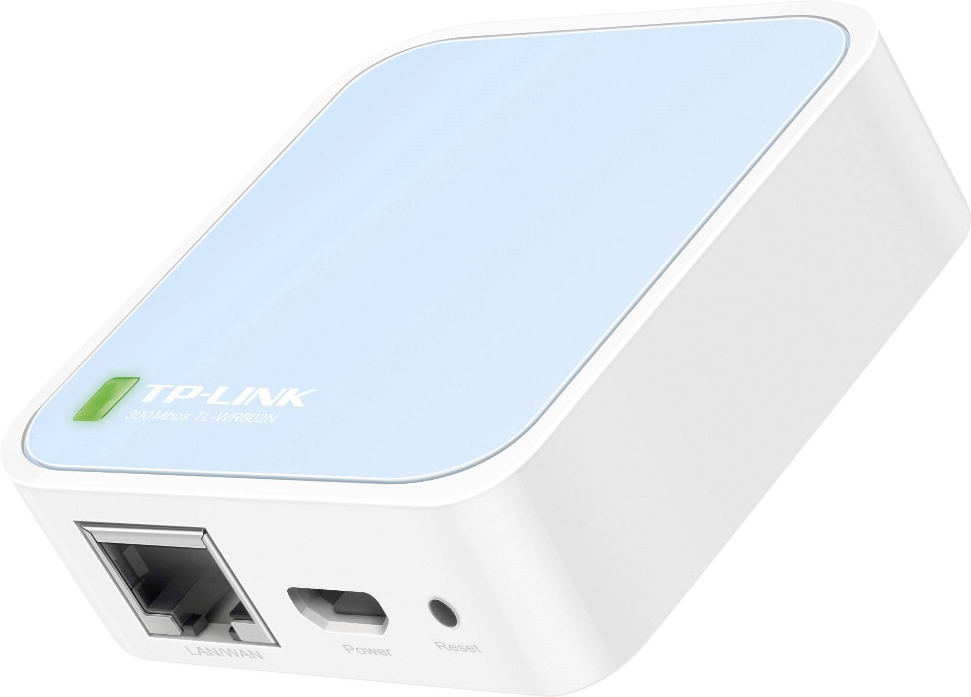 Un routeur Wi-Fi TP-Link blanc et bleu avec port LAN et indicateurs LED sur la façade.