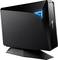 Un PC gaming Asus noir avec un triangle bleu illuminé sur la façade, posé sur un support incliné.
