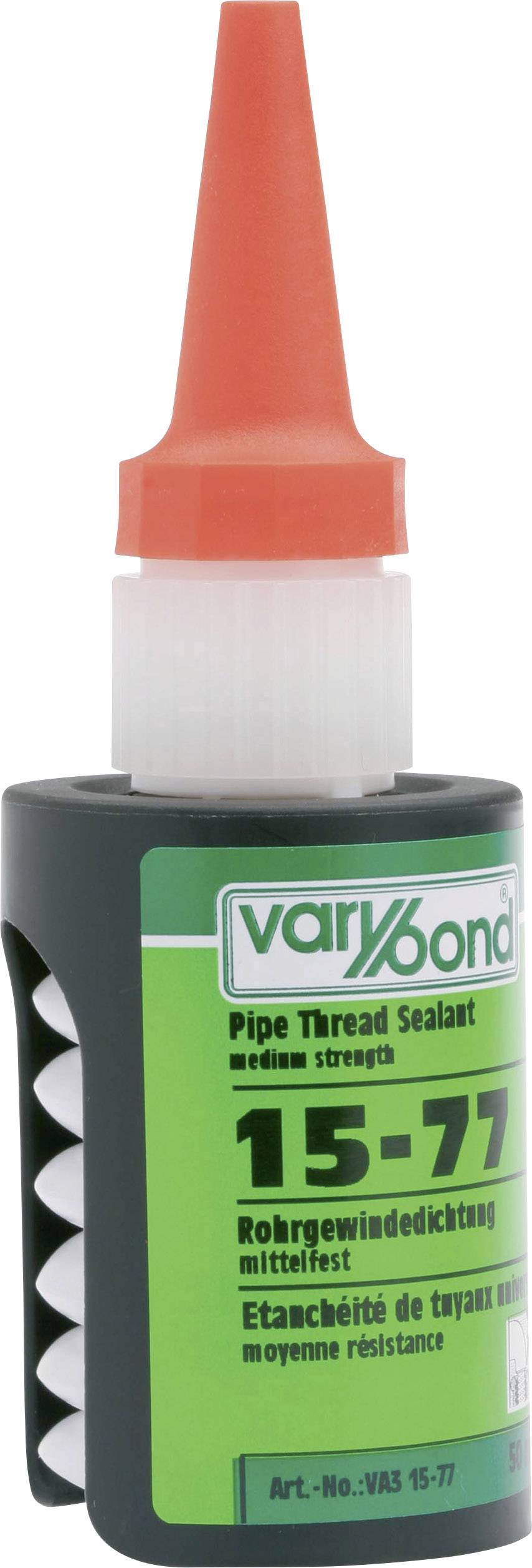 'Varibond 15-77 joint d'étanchéité pour filetage de tuyau, couche adhésive de résistance moyenne, bouteille verte avec embout rouge.'