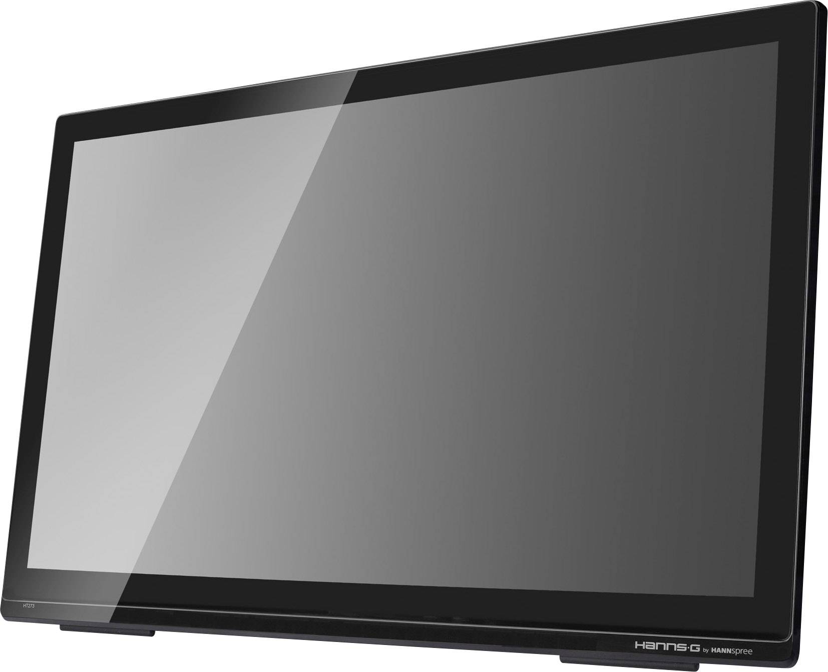 Un moniteur noir rectangulaire à surface réfléchissante, incliné vers l'arrière, sur un fond blanc.