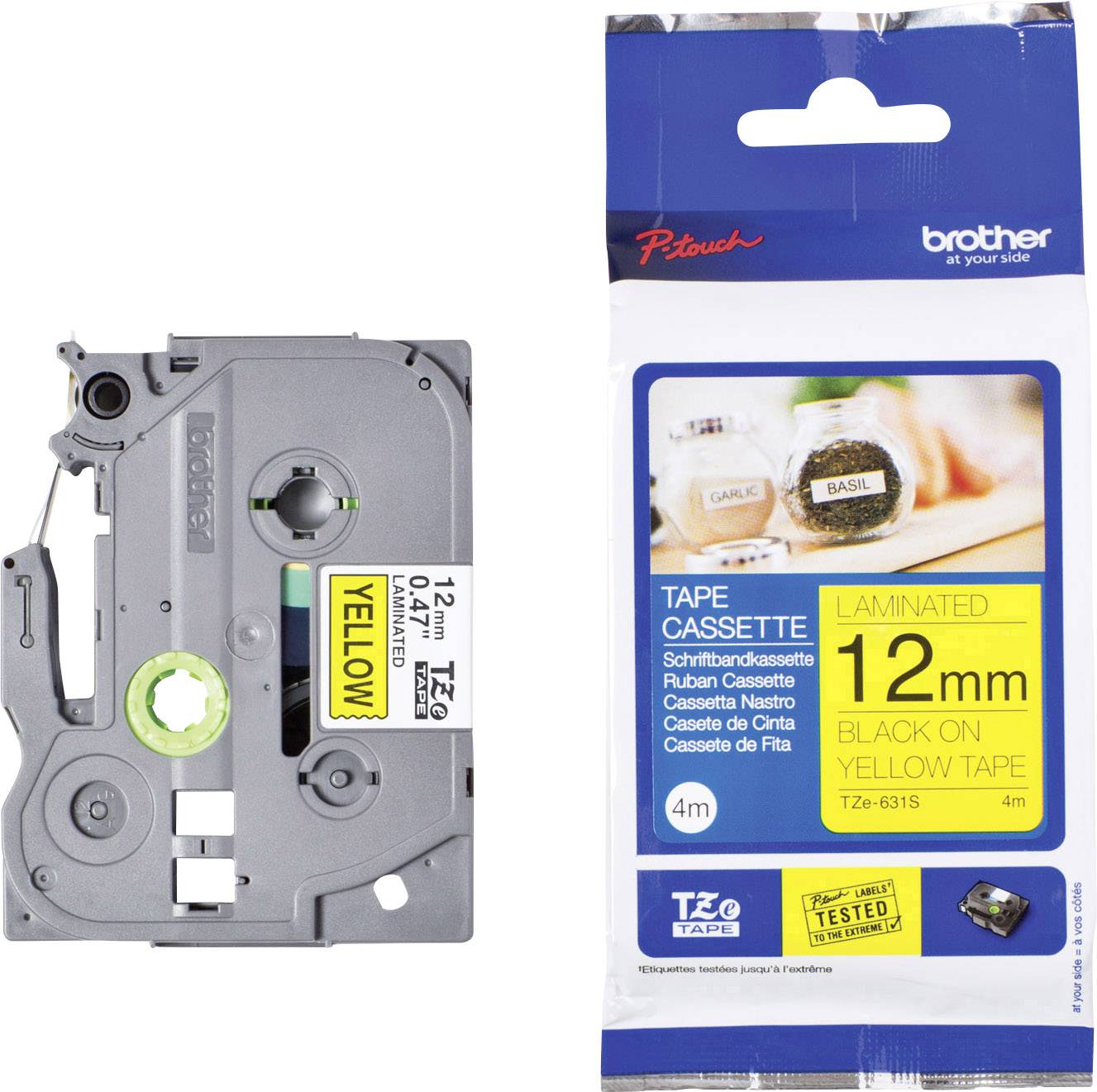 Une cassette grise pour étiquettes avec l'inscription '12mm Noir sur Jaune' et un emballage bleu et blanc comportant des informations sur le produit.