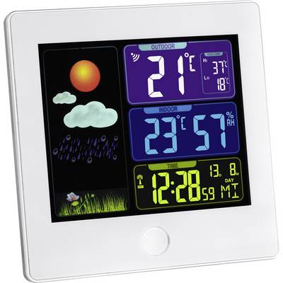 Station météorologique électronique avec affichage : Température extérieure 21°C, Température intérieure 23°C, Humidité 57 %, Date 13.8., Heure 12:28.