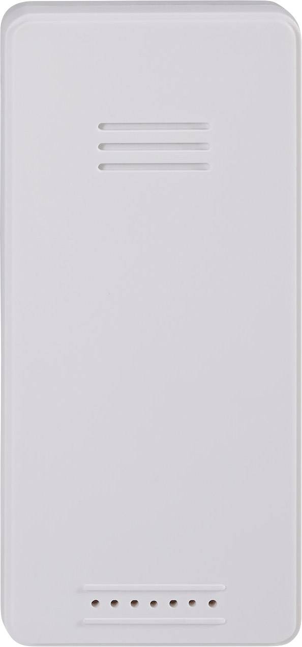 Un appareil technique rectangulaire blanc avec des fentes de ventilation en haut et en bas.