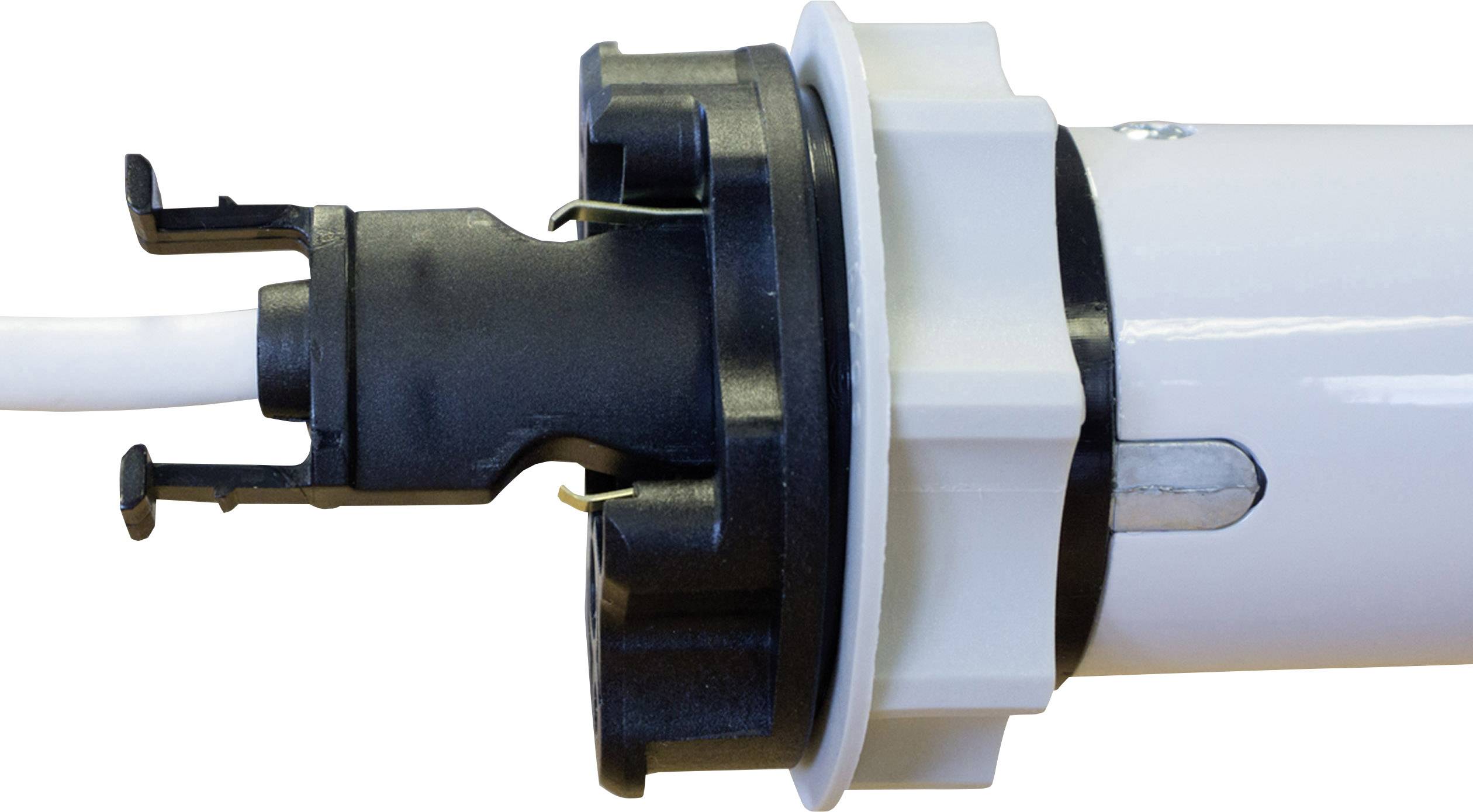 'Gros plan d'un connecteur cylindrique blanc avec un embout de raccordement noir sur un câble.'