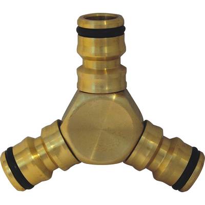 Un connecteur en Y couleur laiton avec trois raccordements pour systèmes de tuyauterie, équipé de joints d'étanchéité noirs à chaque extrémité.