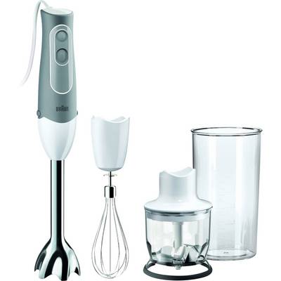 Un ensemble mixeur composé d'un mixeur, d'un fouet, d'un hachoir et d'un verre doseur, tous dans un design moderne.