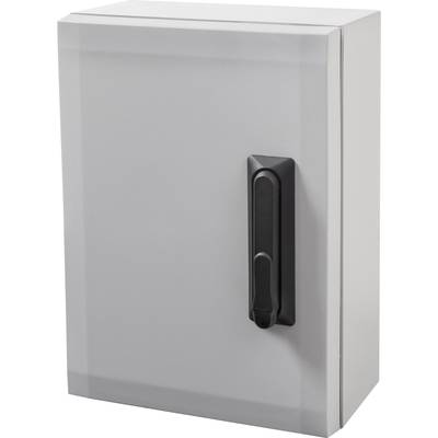 Armoire métallique grise avec poignée verticale noire ; utilisée pour le rangement sécurisé d'appareils électroniques ou de documents.