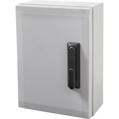 Armoire électrique grise avec poignée de levier noire, de forme rectangulaire.