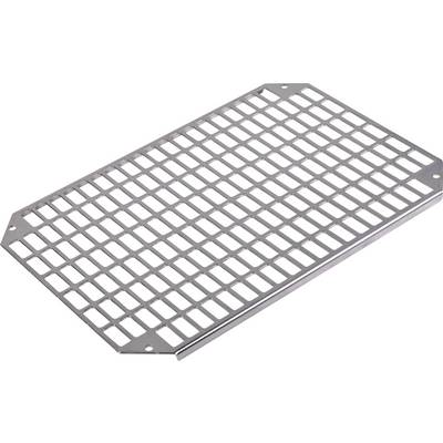 Plaque en métal perforée de trous rectangulaires, probablement utilisée comme grille de protection ou de ventilation.