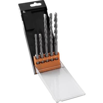 Un ensemble de cinq forets de différentes tailles allant de 5 à 10 mm, soigneusement rangés dans un support orange dans un emballage transparent.