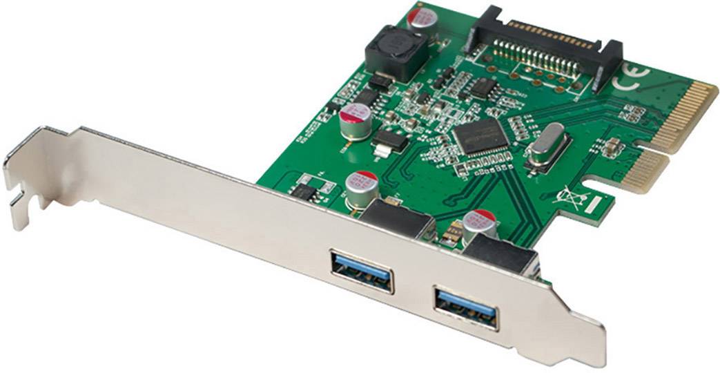 Une carte d'extension PCIe verte avec deux ports USB bleus, des composants électroniques et un connecteur noir, orientée horizontalement.